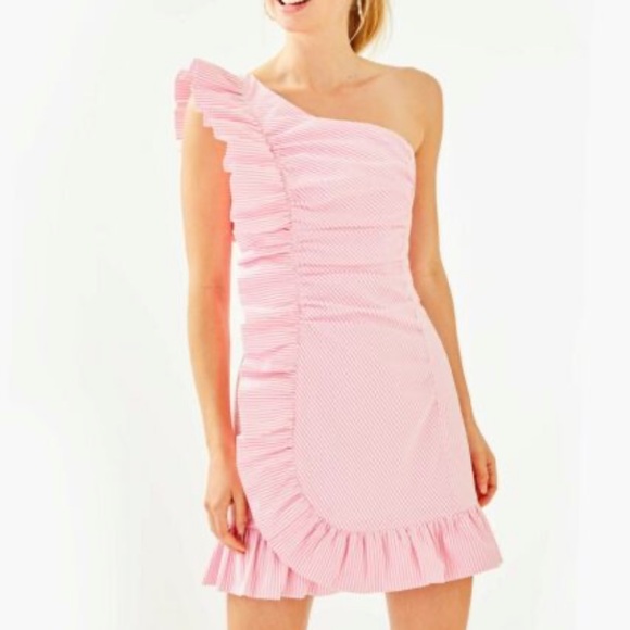 Lilly Pulitzer Tiffani One-shoulder Seersucker dress in Havana Pink. - Picture 1 of 2